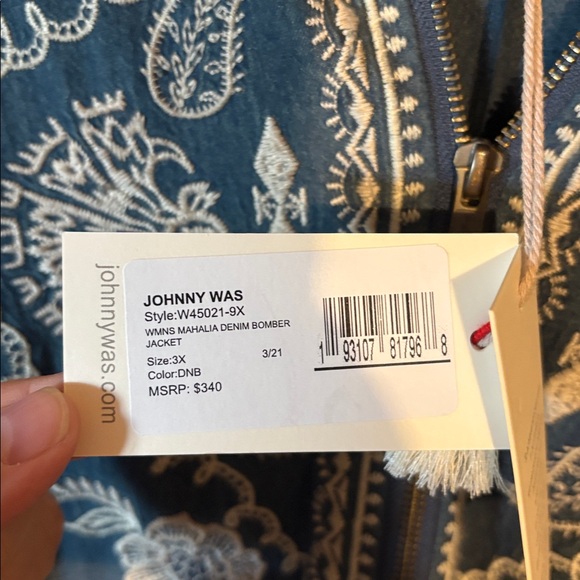 Johnny Was Blue Bomber Jacket with White Embroidery - Picture 2 of 4